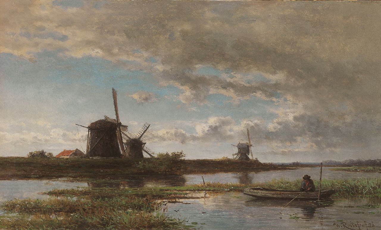 Roelofs W.  | Willem Roelofs, Anglers in a polder landscape, oil on panel 24.2 x 40.4 cm, signed l.r. and dated '56