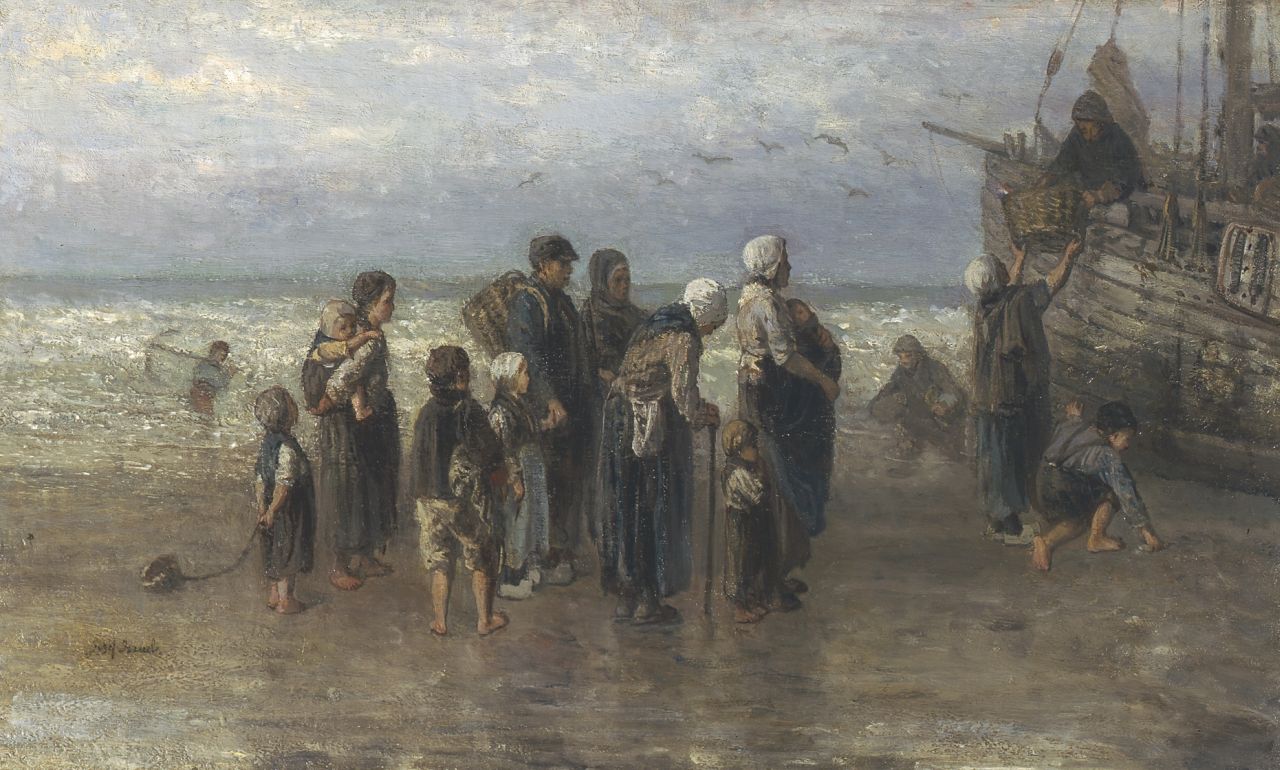 Israëls J.  | Jozef Israëls, Unloading the catch, oil on canvas 43.0 x 70.5 cm, signed l.l.