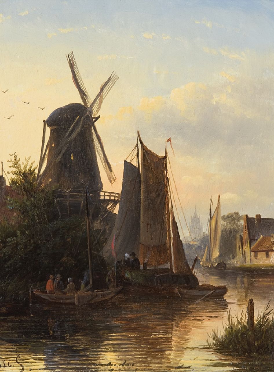 Spohler J.J.C.  | Jacob Jan Coenraad Spohler, Moored sailing boats near a mill, oil on panel 22.0 x 17.0 cm, signed l.l. with initials