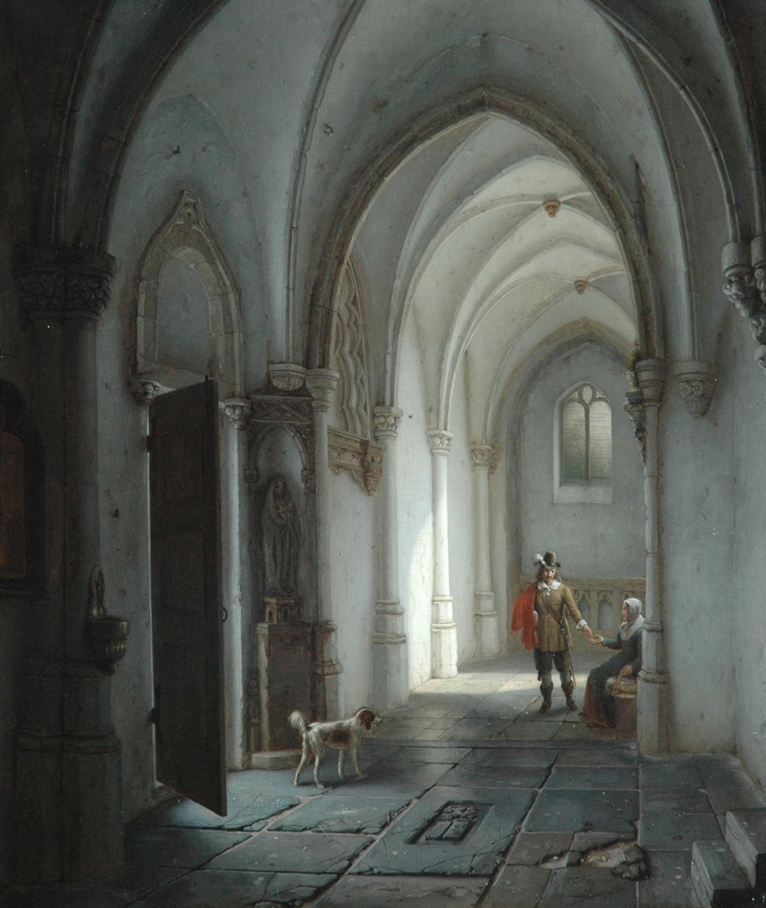 Haanen G.G.  | George Gillis Haanen, Church interior with a man and a beggar, oil on panel 48.1 x 40.9 cm, signed l.r. and dated 1839