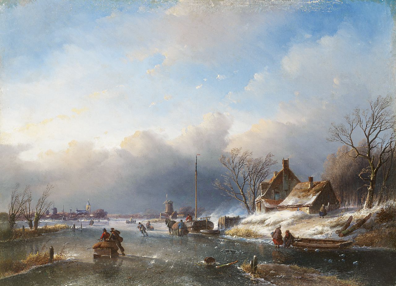 Spohler J.J.  | Jan Jacob Spohler, A winter's landscape with figures on the ice, oil on canvas 59.0 x 80.6 cm, signed l.l. remainder of signature with initials