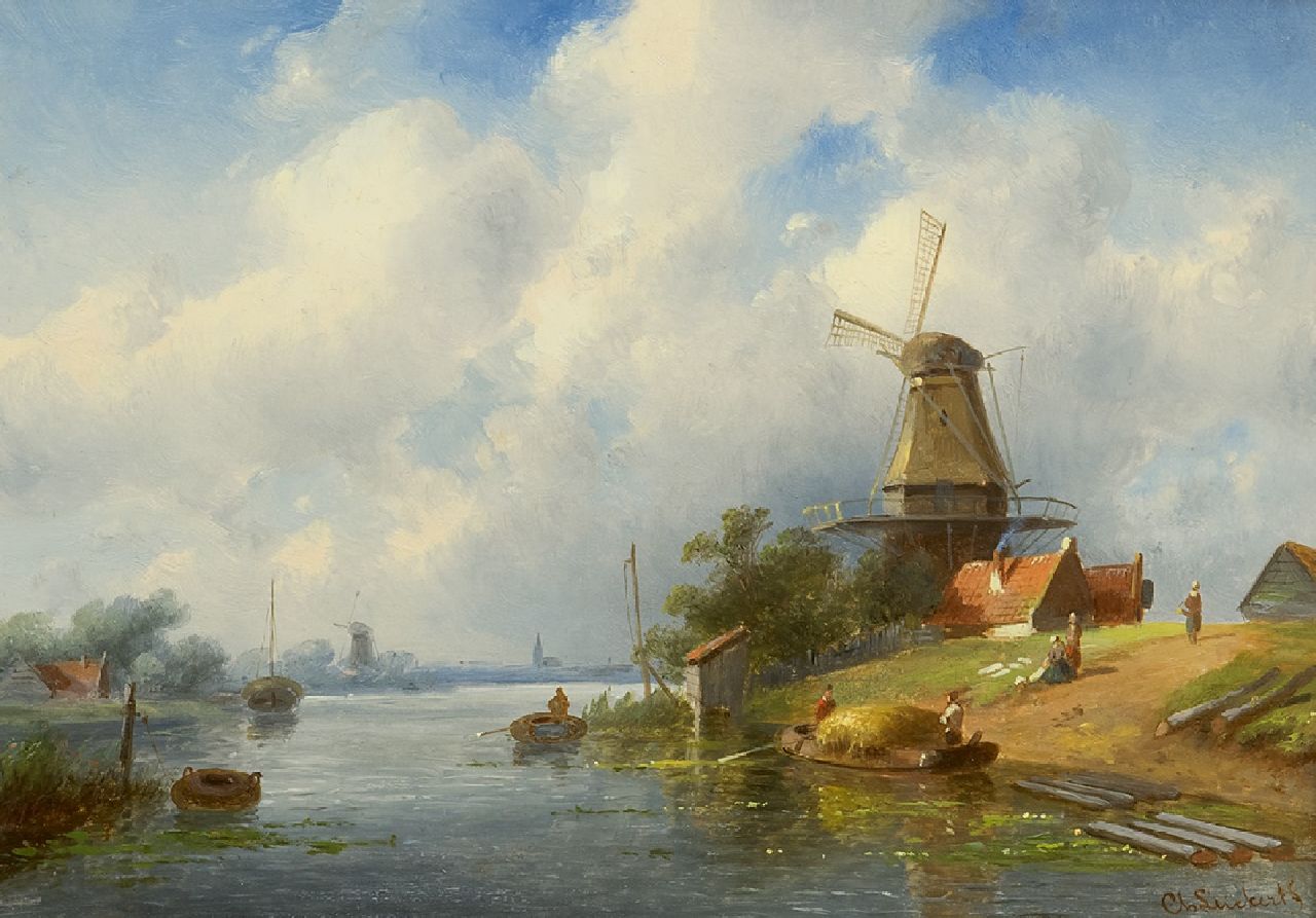 Leickert C.H.J.  | 'Charles' Henri Joseph Leickert, A river's view in summertime, oil on panel 20.8 x 29.3 cm, signed l.r.