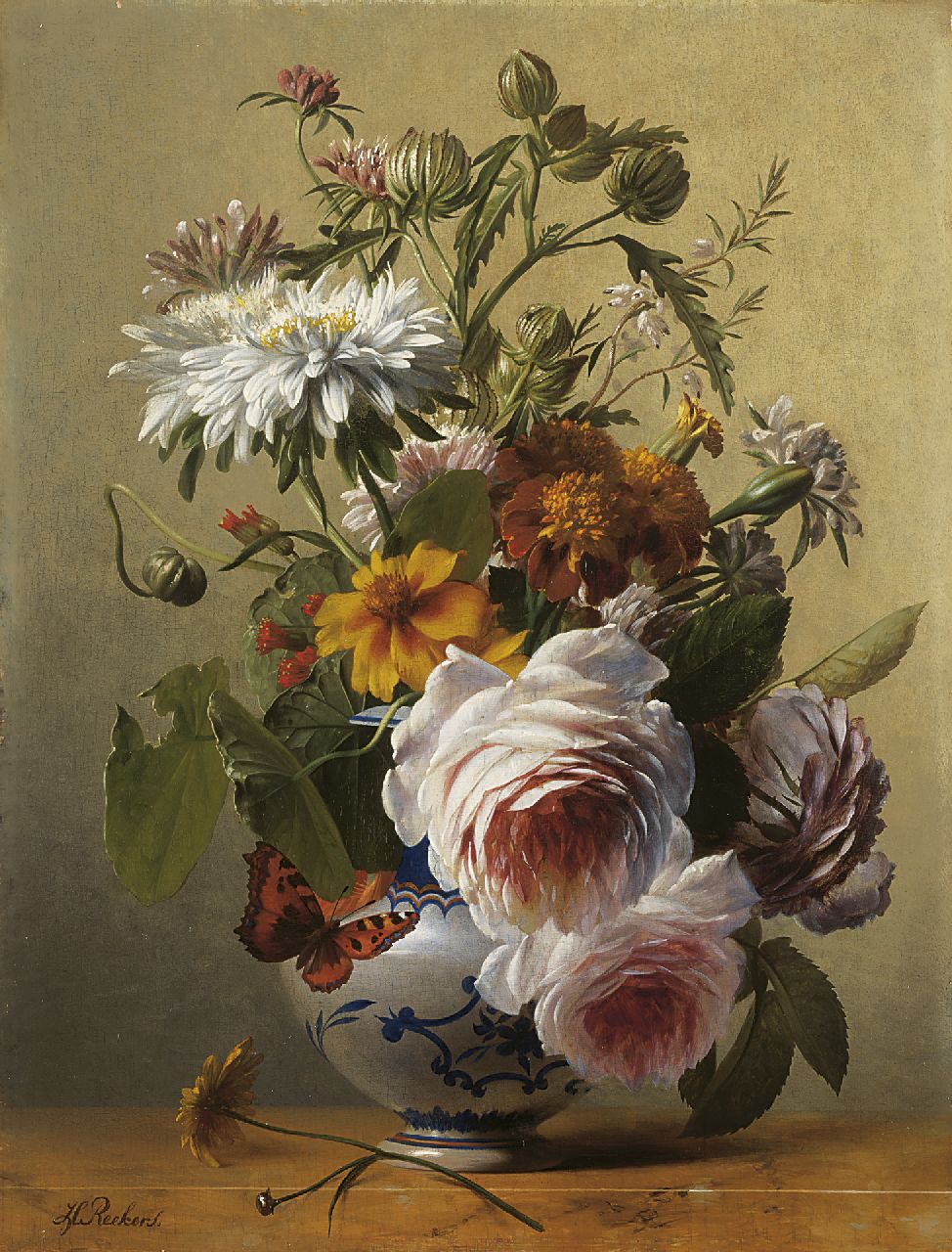 Reekers sr. H.  | Hendrik Reekers sr., Flower still life with roses, marigolds and chrysanthemums, oil on panel 31.9 x 24.4 cm, signed l.l.
