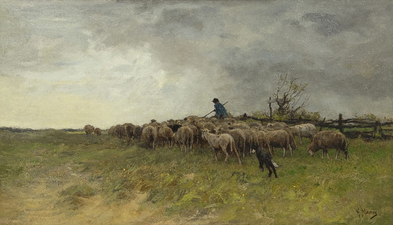 Mauve A.  | Anthonij 'Anton' Mauve, Landscape with shepherd and a flock of sheep, oil on canvas 38.6 x 66.5 cm, signed l.r.