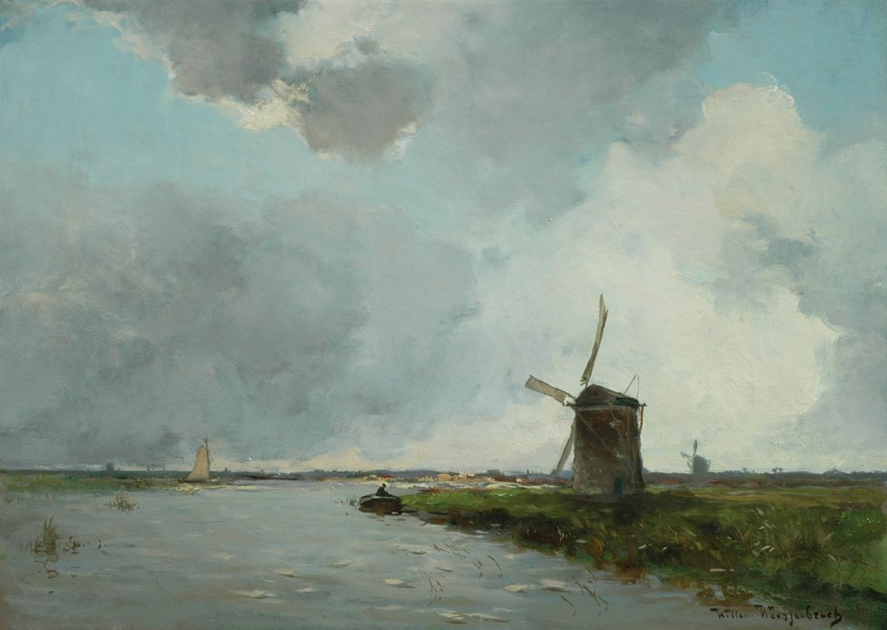 Weissenbruch W.J.  | 'Willem' Johannes Weissenbruch, Windmill in a polder landscape, oil on canvas 40.1 x 56.4 cm, signed l.r.