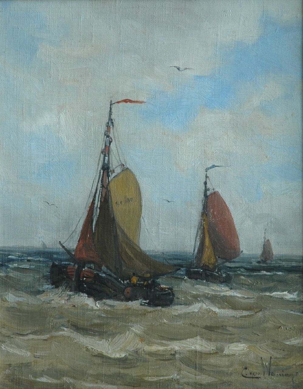 Waning C.A. van | Cornelis Anthonij 'Kees' van Waning, Barges at sea, oil on canvas 35.3 x 28.1 cm, signed l.r.