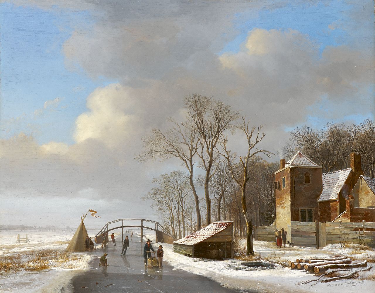 Sande Bakhuyzen H. van de | Hendrikus van de Sande Bakhuyzen, Skaters on frozen canal, oil on panel 40.4 x 51.0 cm, signed l.r.