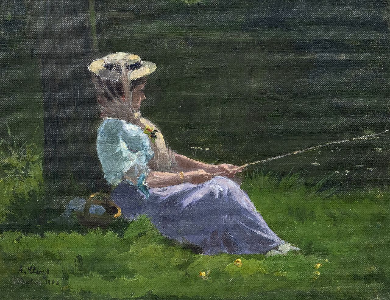 Clarys A.  | Alexandre Clarys | Paintings offered for sale | An elegant woman, fishing, oil on canvas laid down on panel 24.2 x 30.9 cm, signed l.l. and dated 1908