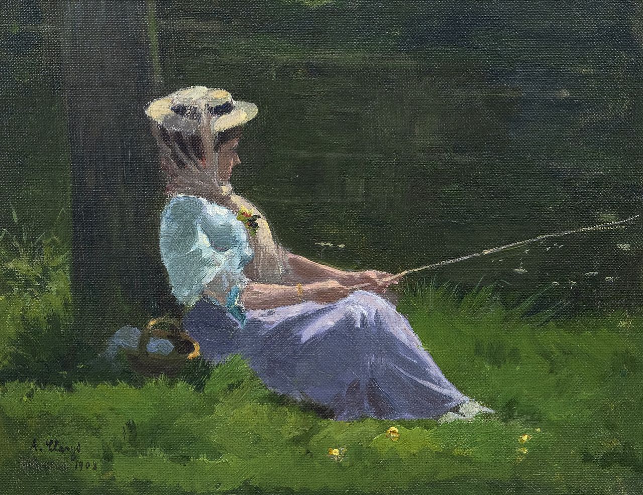 Clarys A.  | Alexandre Clarys, An elegant woman, fishing, oil on canvas laid down on panel 24.2 x 30.9 cm, signed l.l. and dated 1908