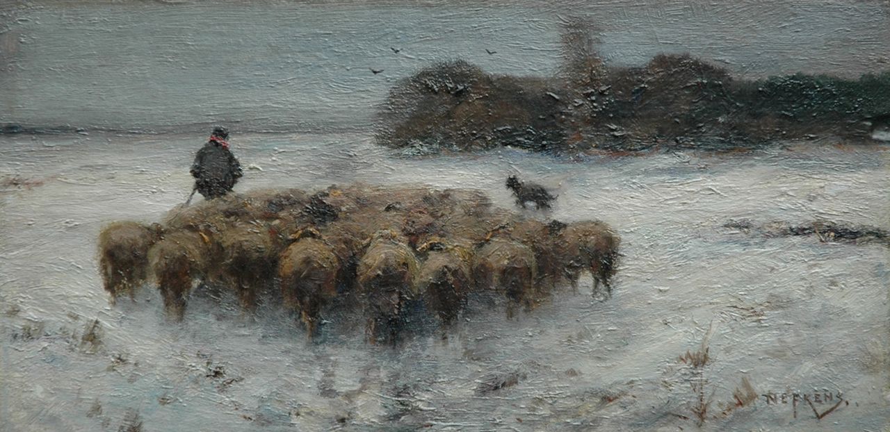 Nefkens M.J.  | Martinus Jacobus Nefkens, Sheep at pasture, oil on paper laid down on panel 24.3 x 48.6 cm, signed l.r.