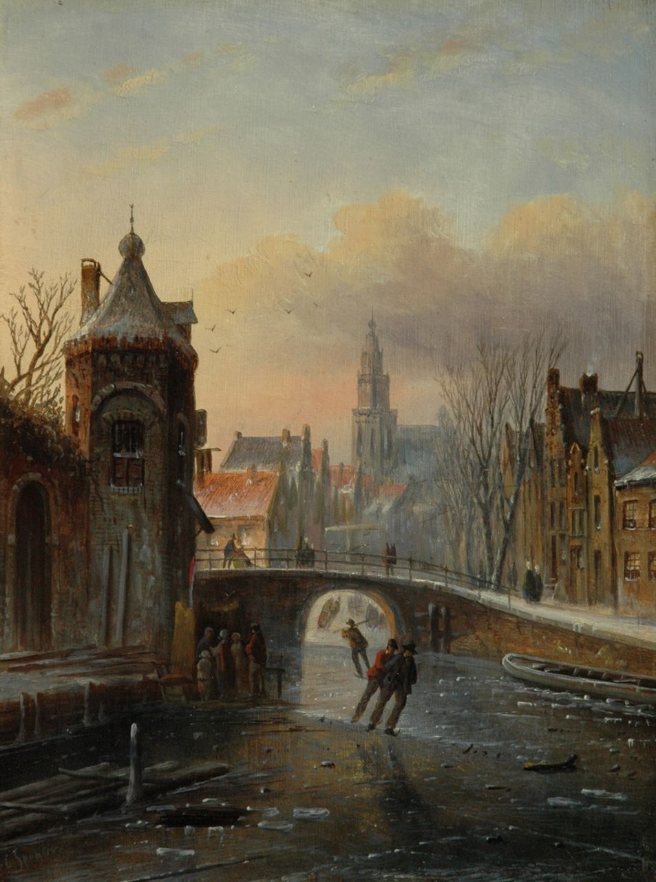 Spohler J.J.C.  | Jacob Jan Coenraad Spohler, Skaters under a bridge, oil on panel 22.1 x 16.7 cm, signed l.l.