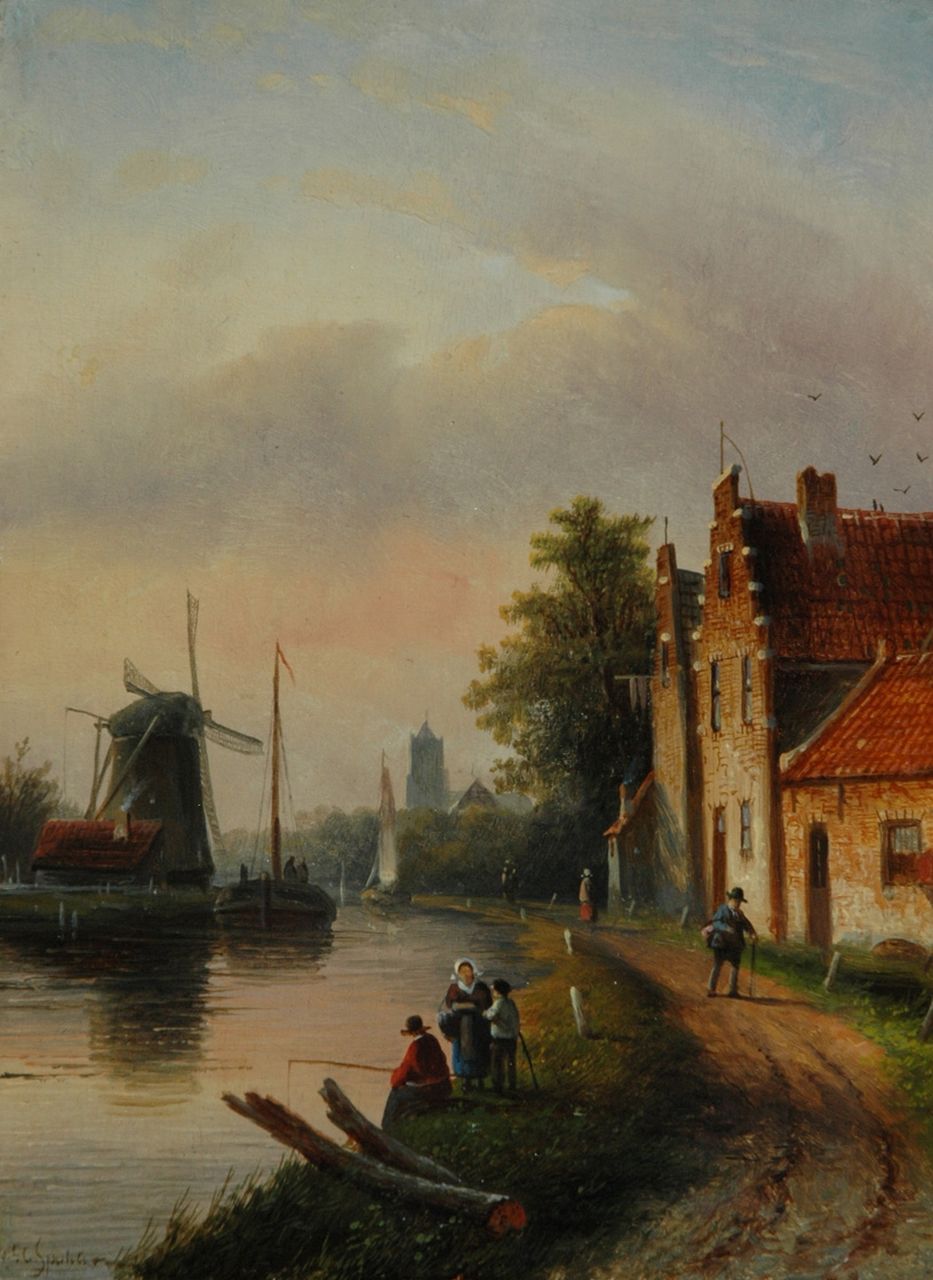Spohler J.J.C.  | Jacob Jan Coenraad Spohler, A river landscape in summer, oil on panel 22.1 x 16.5 cm, signed l.l.