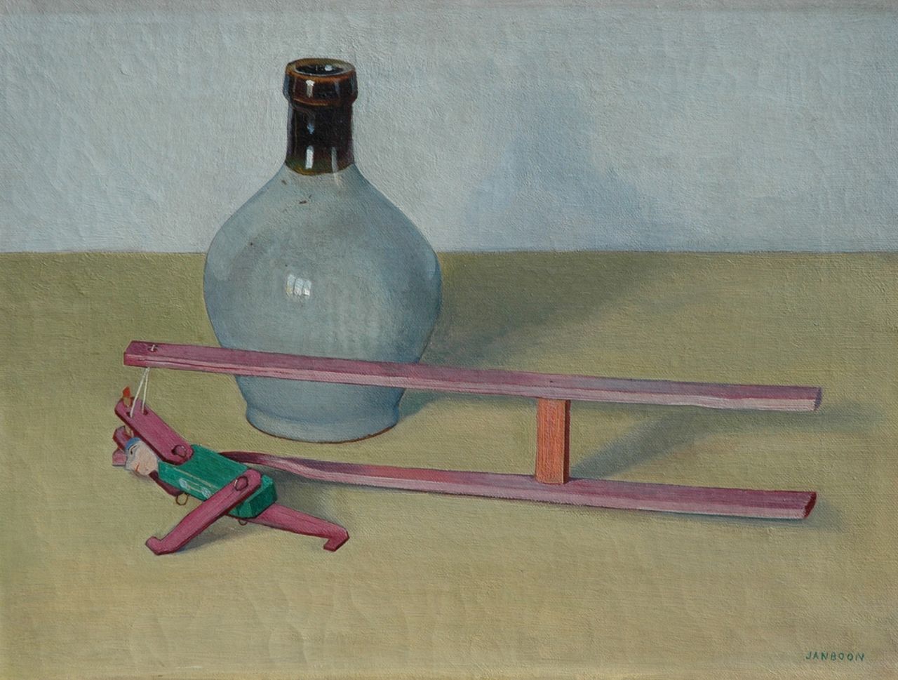Boon J.  | Jan Boon, A still life with a jug and a toy, oil on canvas 30.2 x 40.5 cm, signed l.r.