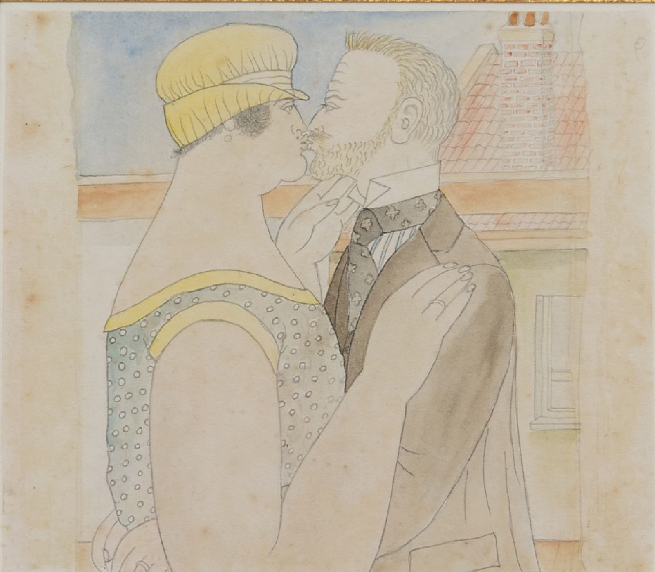 Erfmann F.G.  | 'Ferdinand' George Erfmann | Watercolours and drawings offered for sale | A kiss on the rooftop, pencil and watercolour on paper 15.0 x 13.0 cm