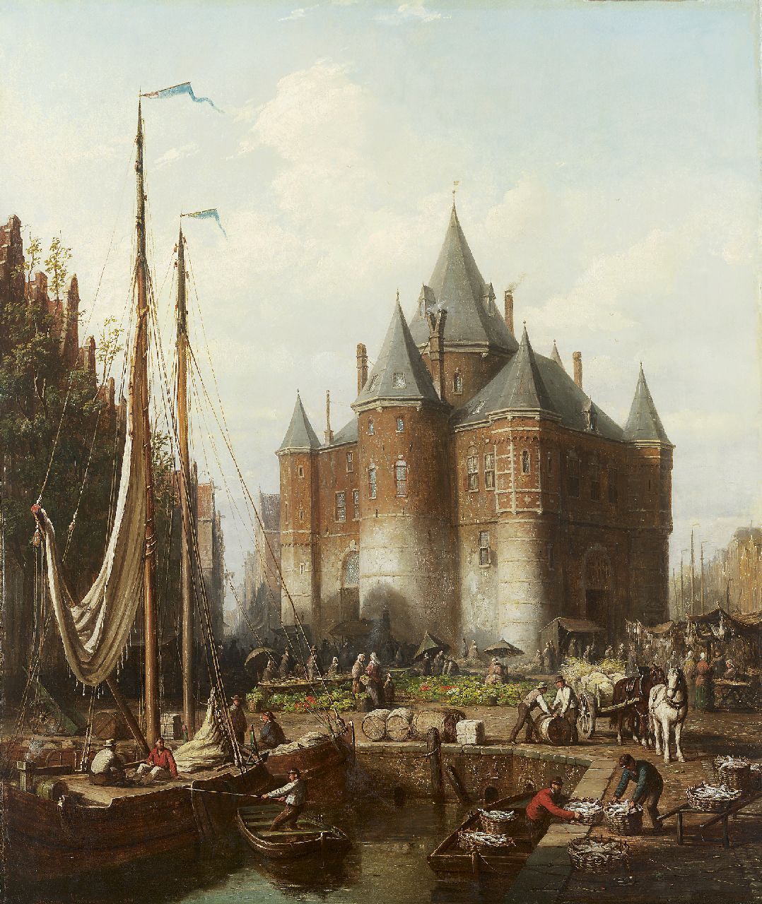 Scheerboom A.  | Andries Scheerboom, A busy dock scene and market at 'de Waag' Amsterdam, oil on canvas 81.5 x 70.5 cm, signed l.l. and dated 1871
