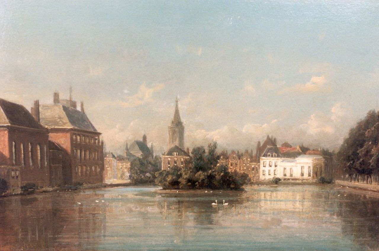 Destrée J.J.  | Johannes Josephus Destrée, A view of the 'Hofvijver', The Hague, oil on panel 13.0 x 19.0 cm, signed l.r.