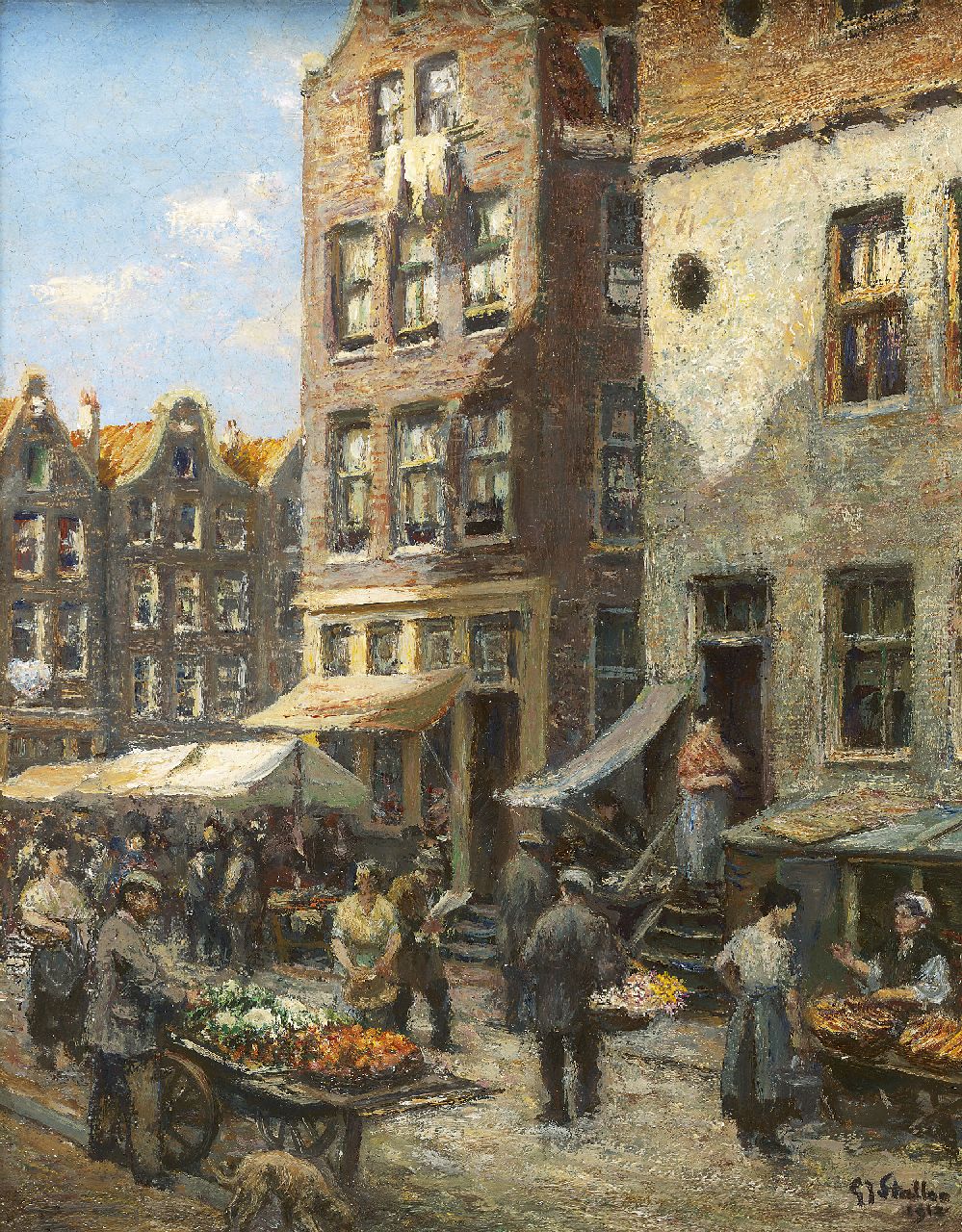 Staller G.J.  | Gerard Johan Staller, Busy markt scene, Amsterdam, oil on canvas laid down on panel 23.6 x 18.4 cm, signed l.r. and dated 1912
