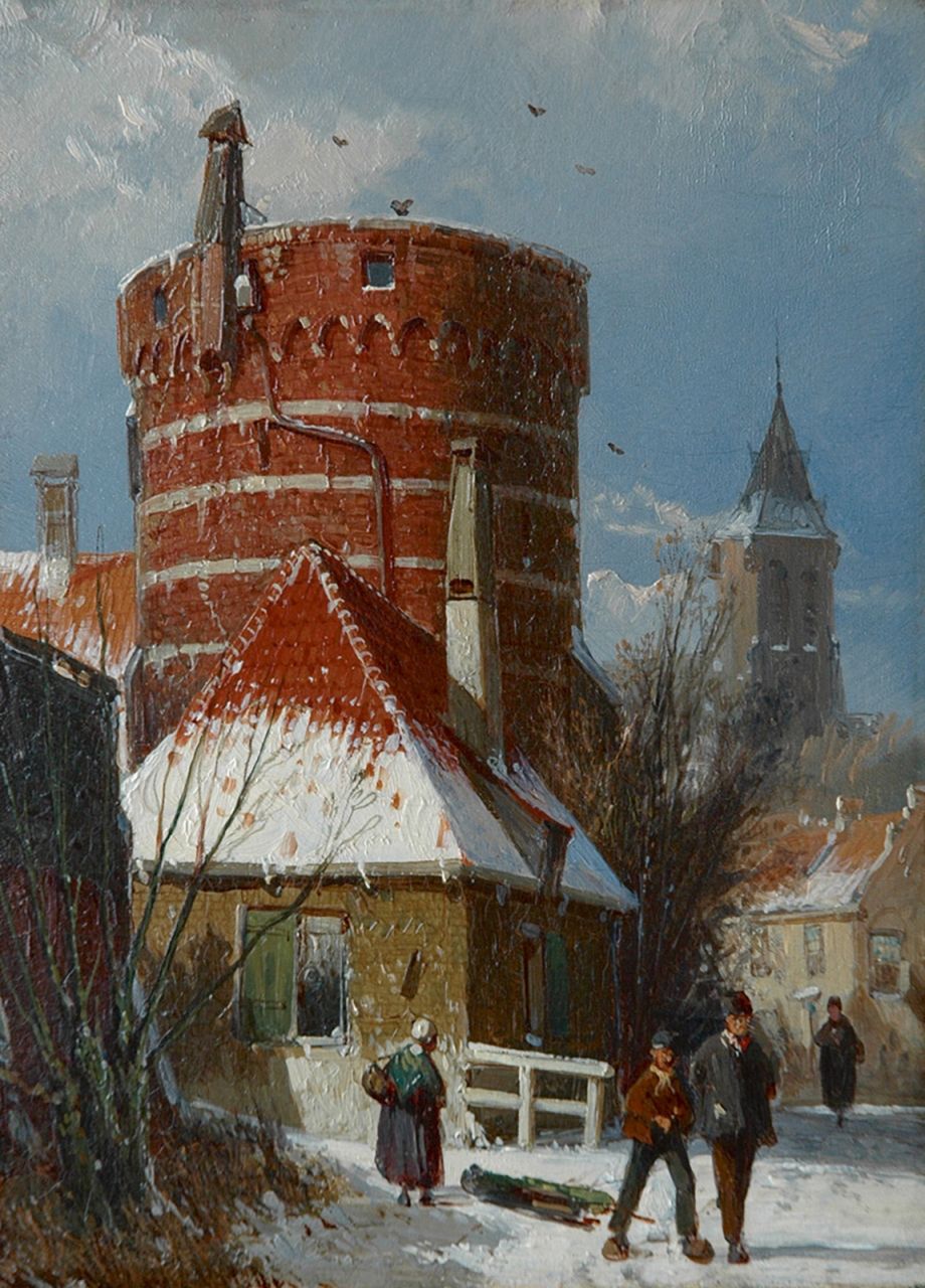 Koekkoek W.  | Willem Koekkoek | Paintings offered for sale | Dutch street with an old fortress tower, in the snow, oil on panel 24.3 x 17.9 cm, painted 1862-1865