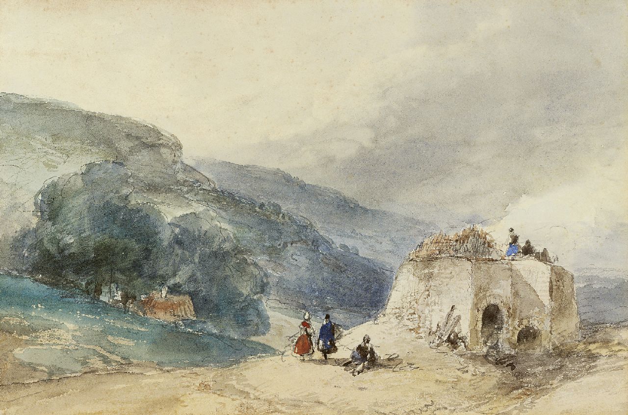 Schelfhout A.  | Andreas Schelfhout, Figures near a ruin in a hilly landscape, pencil and watercolour on paper 18.6 x 27.6 cm, signed l.l. with initials, verso in full