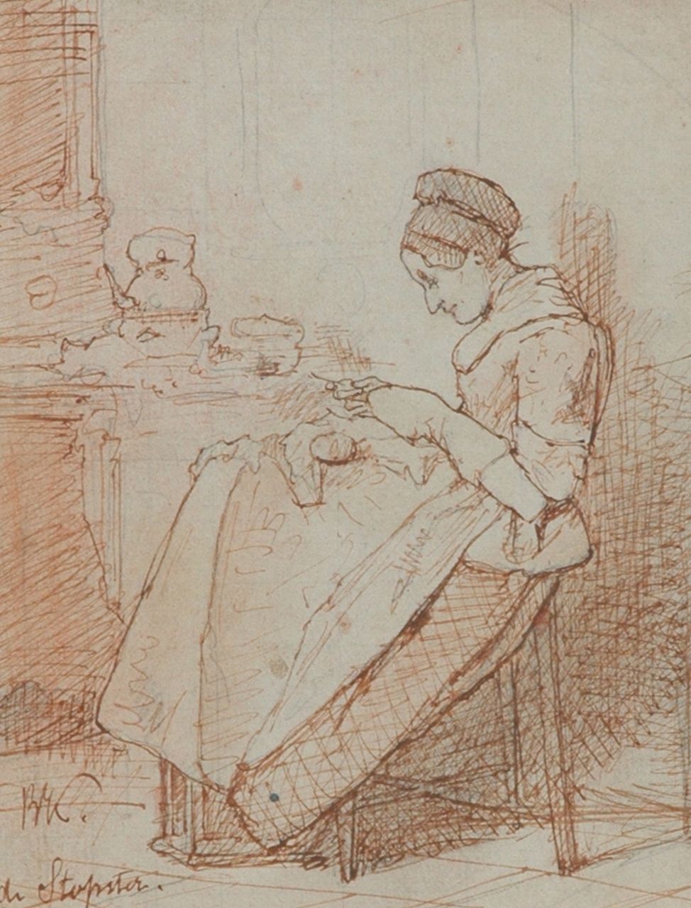 Bakker Korff A.H.  | Alexander Hugo Bakker Korff, A woman mending, pencil, pen in brown ink on paper 16.1 x 12.4 cm, signed l.l. with initials