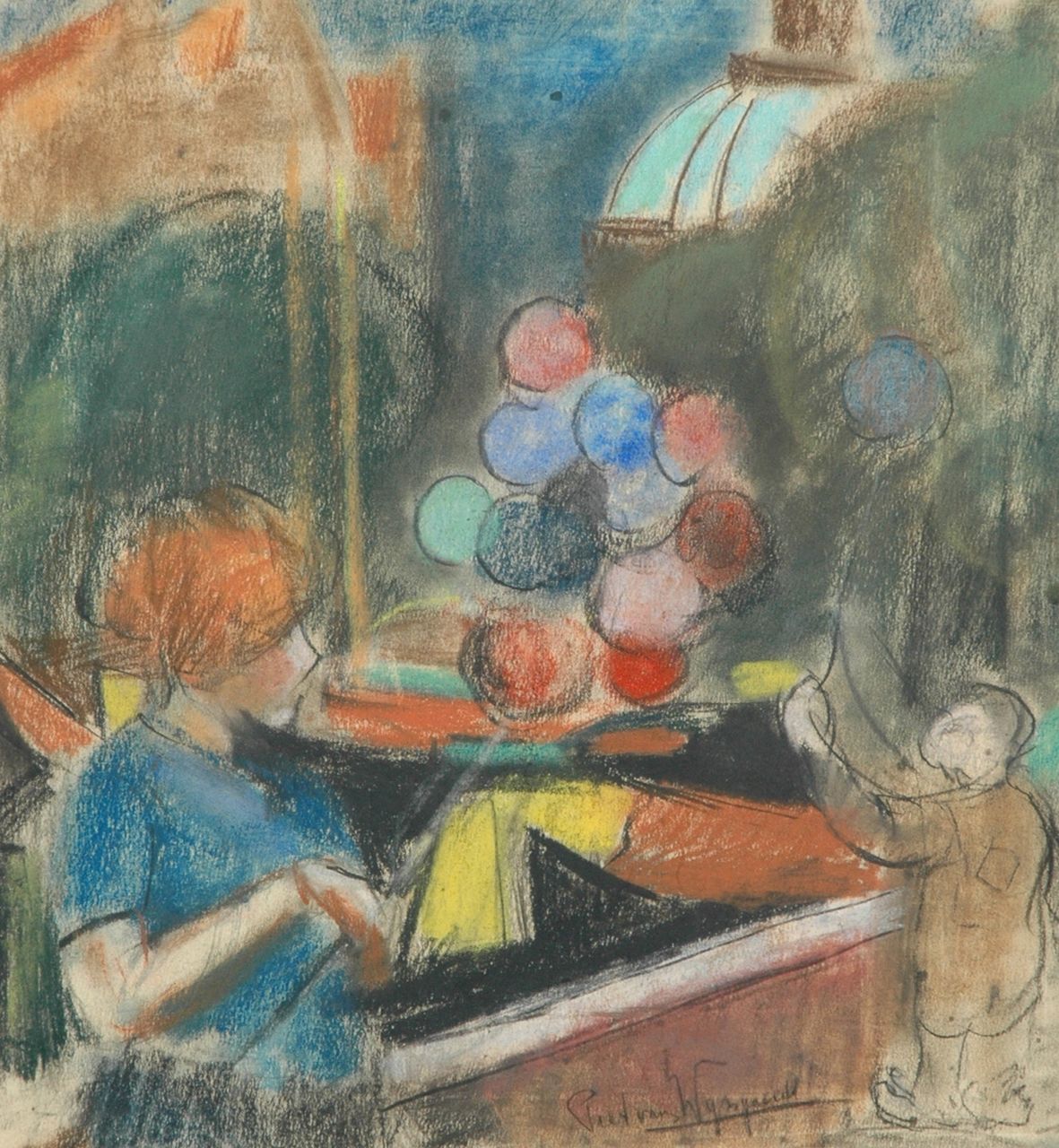 Wijngaerdt P.T. van | Petrus Theodorus 'Piet' van Wijngaerdt, A child and a balloon saleswoman, pastel on paper 36.8 x 34.7 cm, signed l.r.