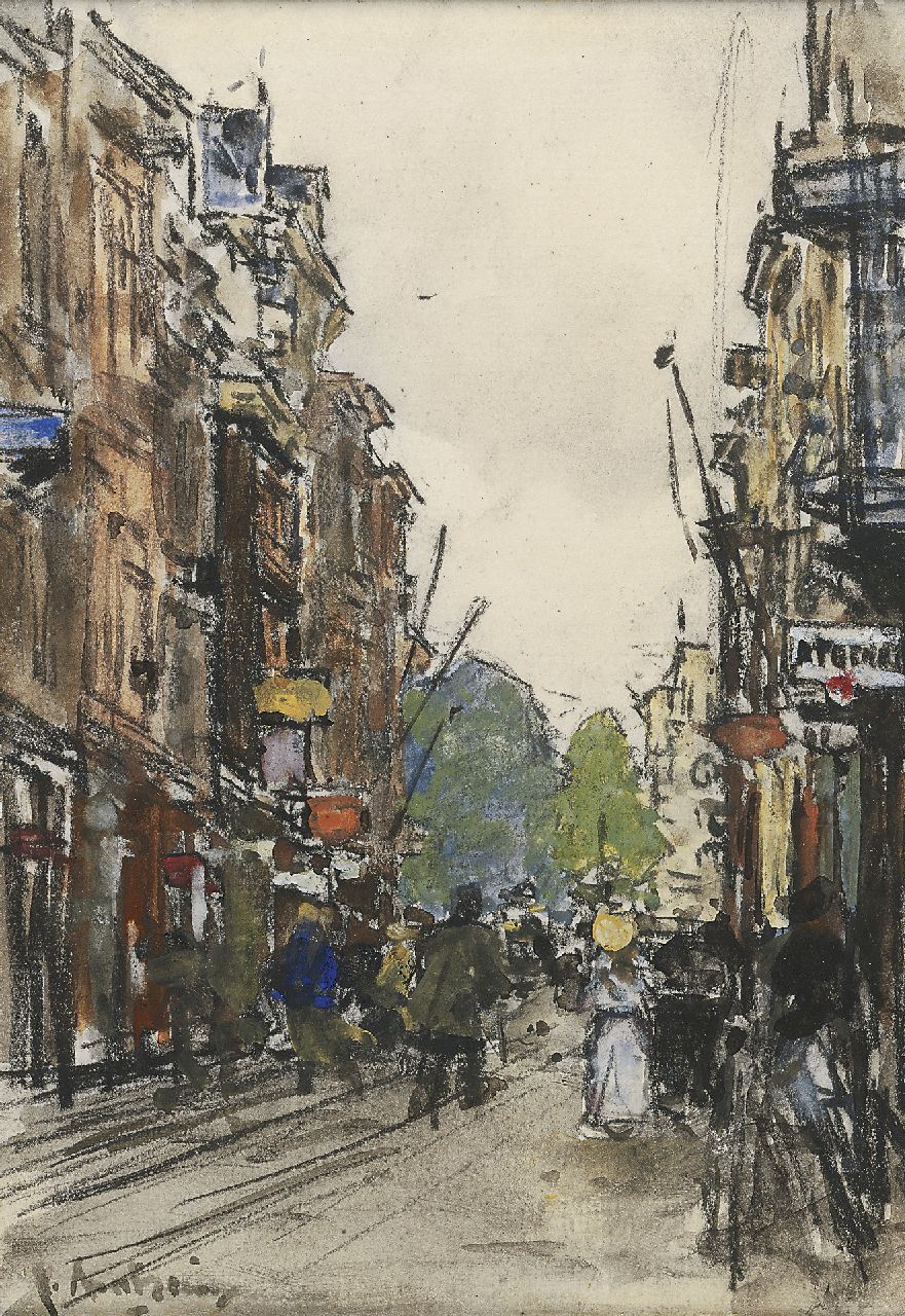 Arntzenius P.F.N.J.  | Pieter Florentius Nicolaas Jacobus 'Floris' Arntzenius, Figures in the Spuistraat, The Hague, black chalk and watercolour on paper 18.7 x 13.2 cm, signed l.l.