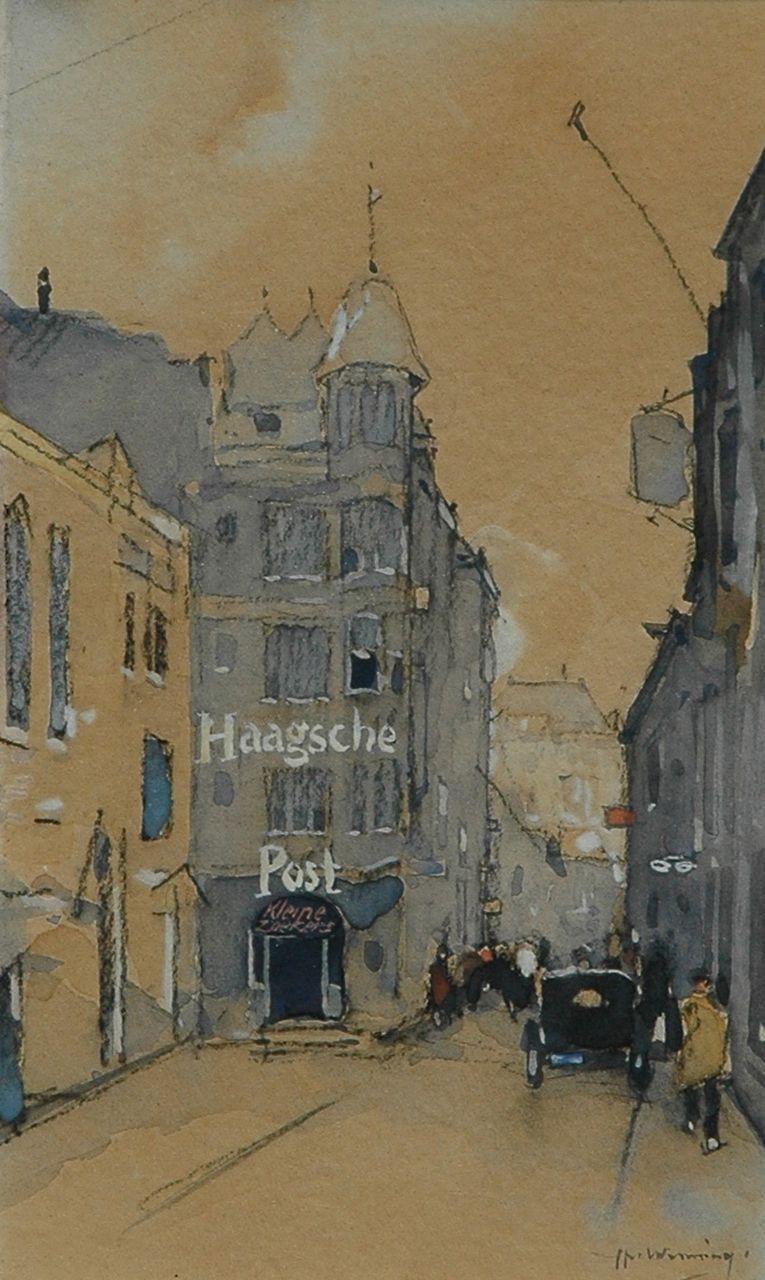 Wenning IJ.H.  | IJpe Heerke 'Ype' Wenning, Figures on a street in The Hague, black chalk and watercolour on paper 18.8 x 11.1 cm, signed l.r. and painted circa 1929