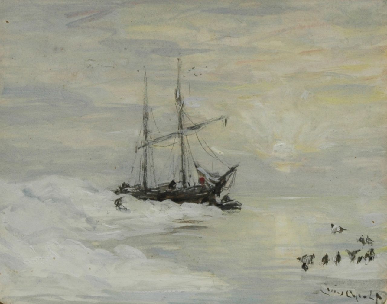 Apol L.F.H.  | Lodewijk Franciscus Hendrik 'Louis' Apol, The Willem Barents near Spitsbergen, at sunset, pencil and gouache on paper 10.3 x 12.8 cm, signed l.r.