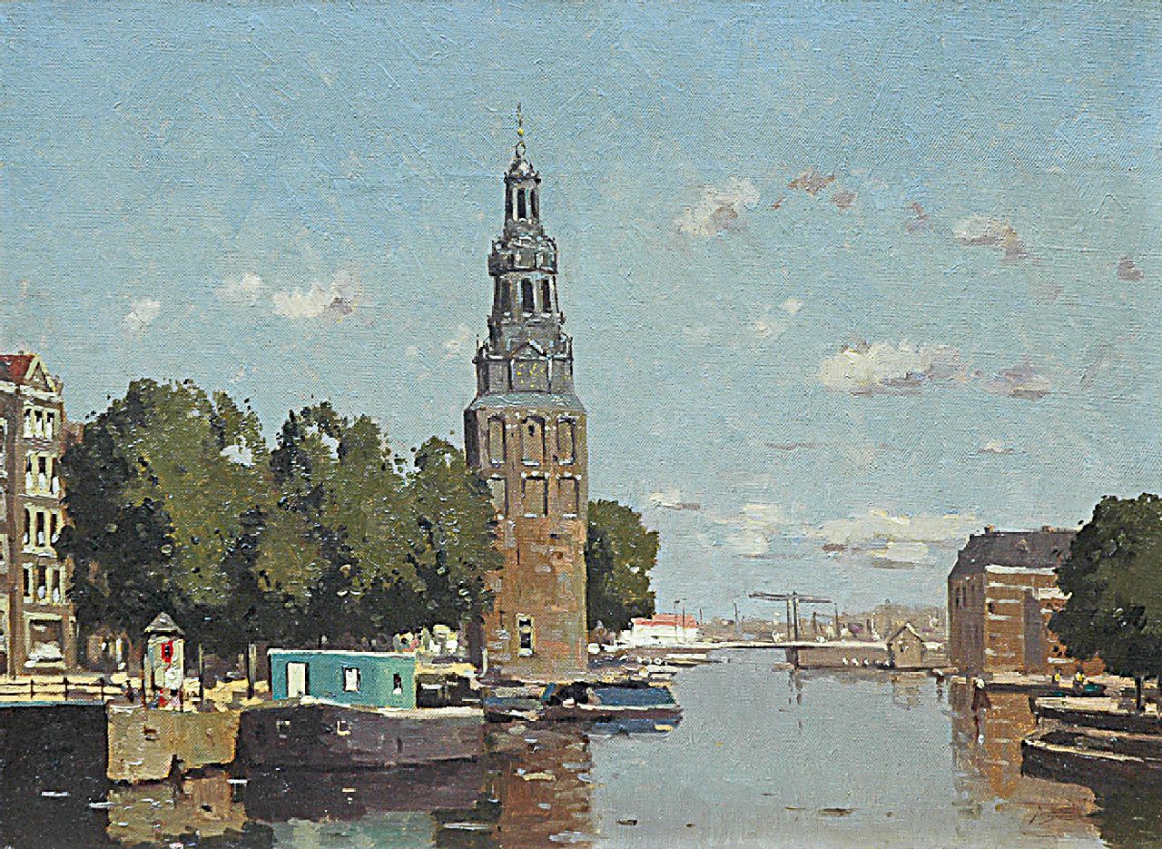 Jeveren G. van | Gerrit van Jeveren | Paintings offered for sale | View of the Montelbaanstoren, Amsterdam i.o., oil on canvas 30.3 x 40.5 cm, gesigneerd rechtsonder (resten)