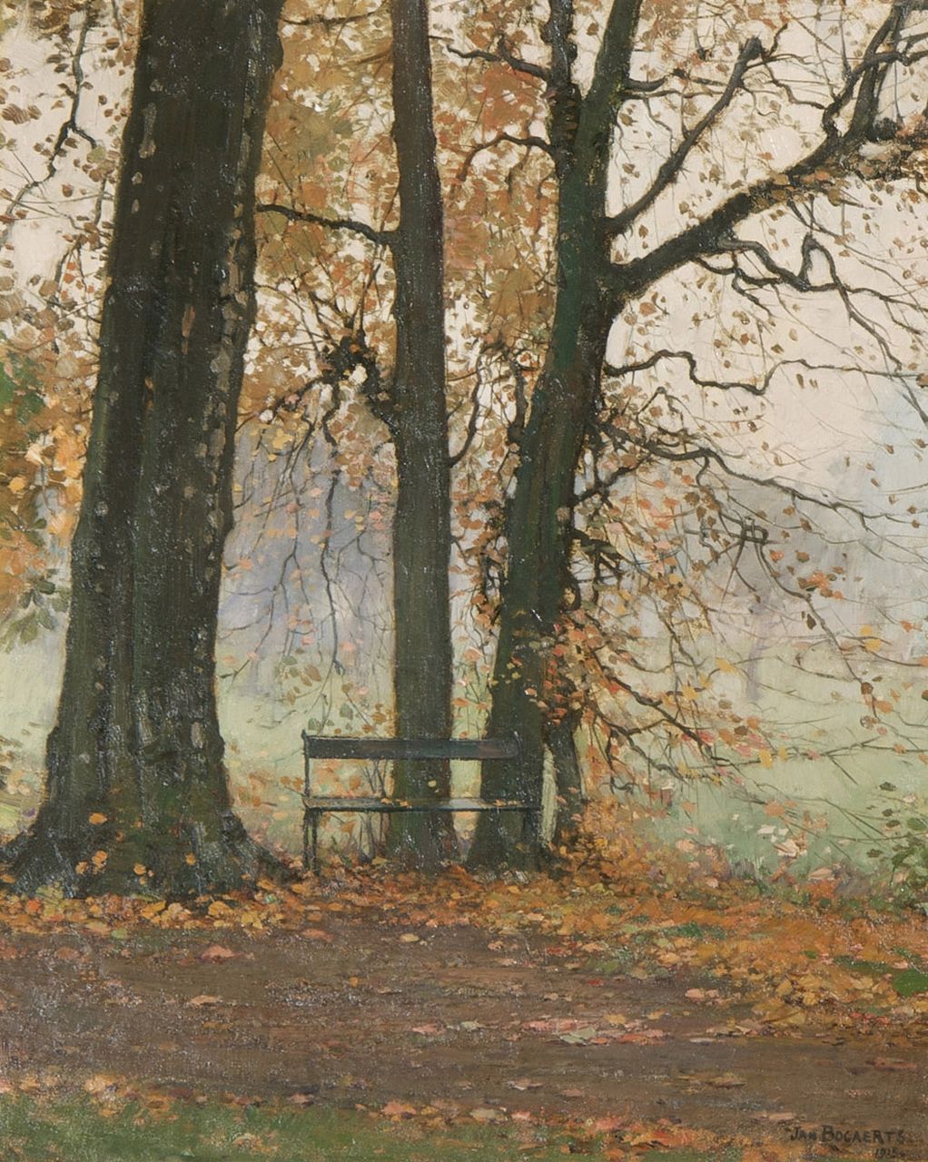 Bogaerts J.J.M.  | Johannes Jacobus Maria 'Jan' Bogaerts, A park bench, oil on canvas 38.3 x 30.3 cm, signed l.l. and dated 1915