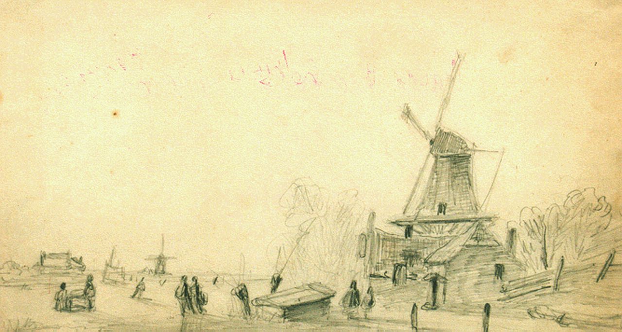 Meijier A.A. de | Anthony Andreas de Meijier, Skaters on the ice near a windmill, pencil on paper 20.0 x 32.3 cm