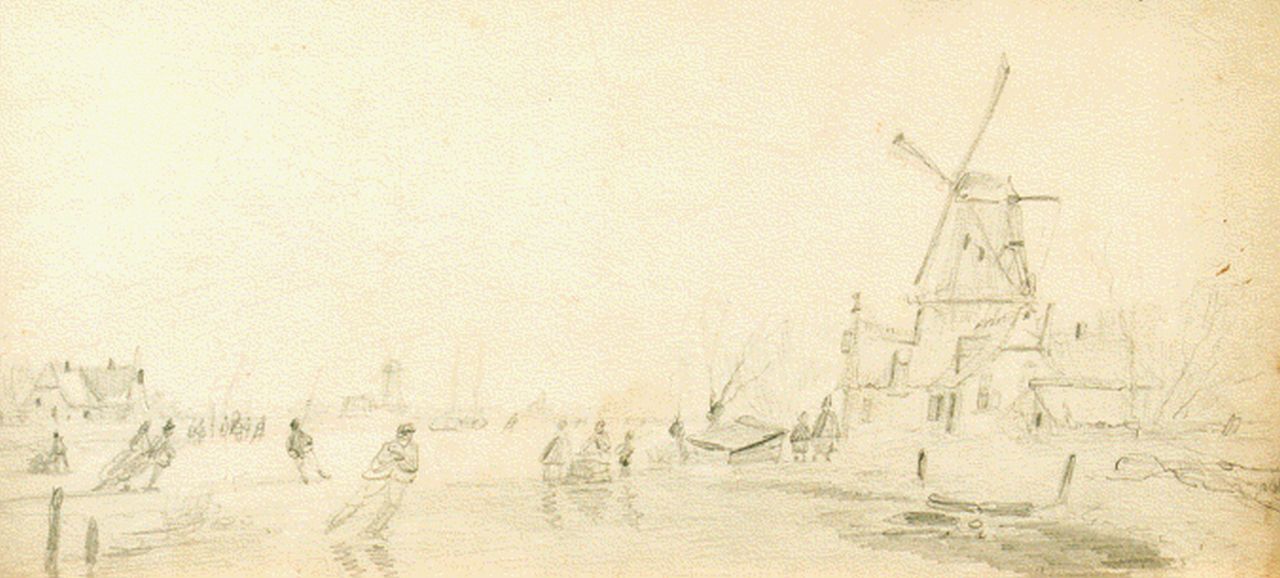 Meijier A.A. de | Anthony Andreas de Meijier, Skaters on a frozen river, pencil on paper 15.5 x 32.5 cm