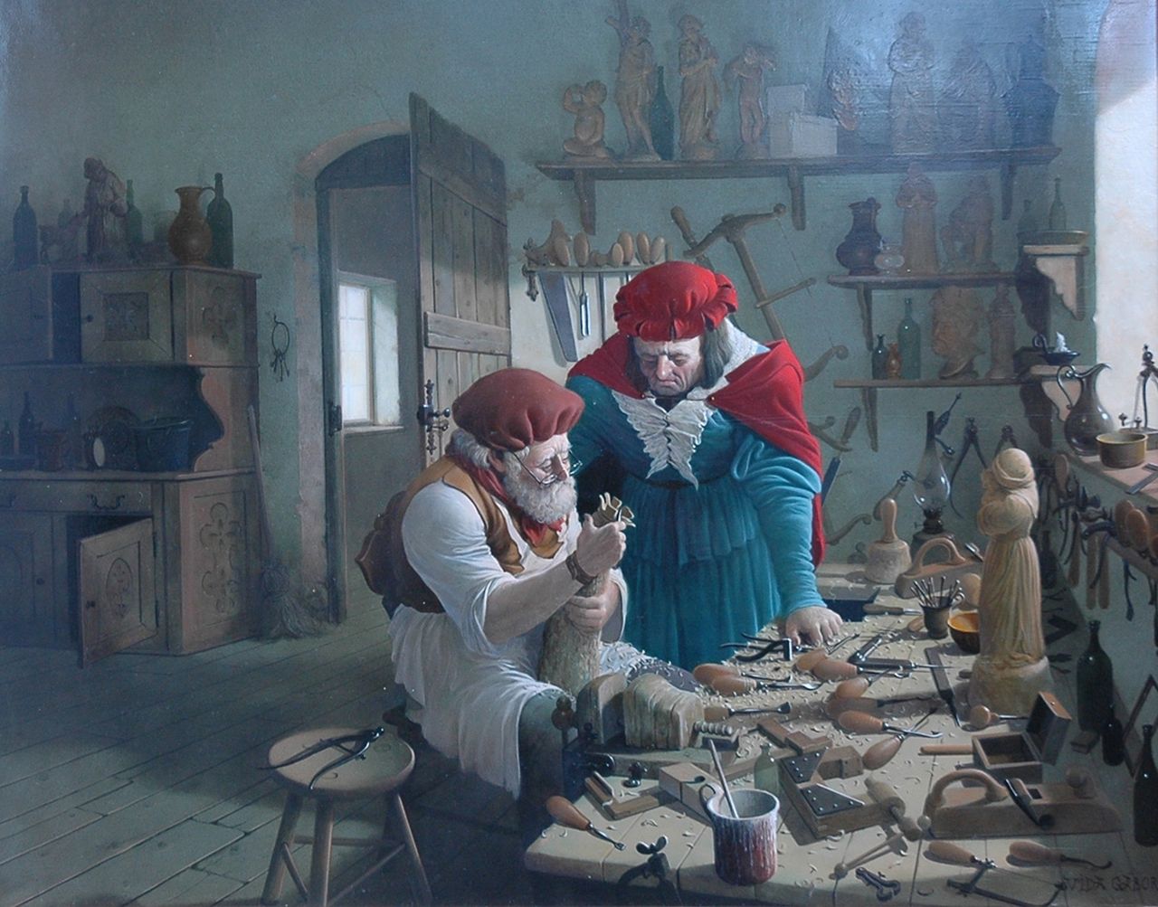 Gábor V.  | Vida Gábor, The woodworkers, oil on panel 39.0 x 49.0 cm, signed l.r.