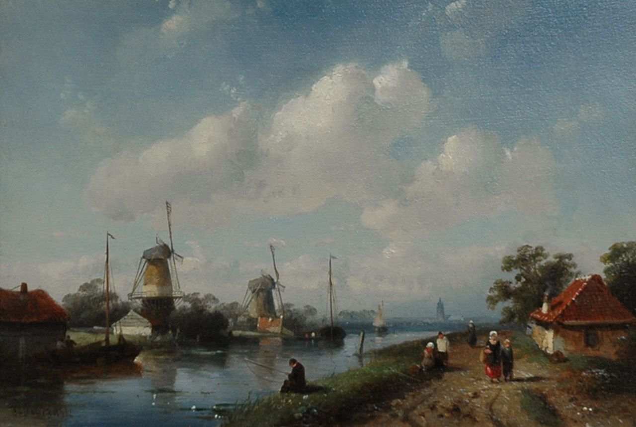 Leickert C.H.J.  | 'Charles' Henri Joseph Leickert, A river landscape with windmills, oil on panel 18.0 x 26.0 cm, signed l.l.