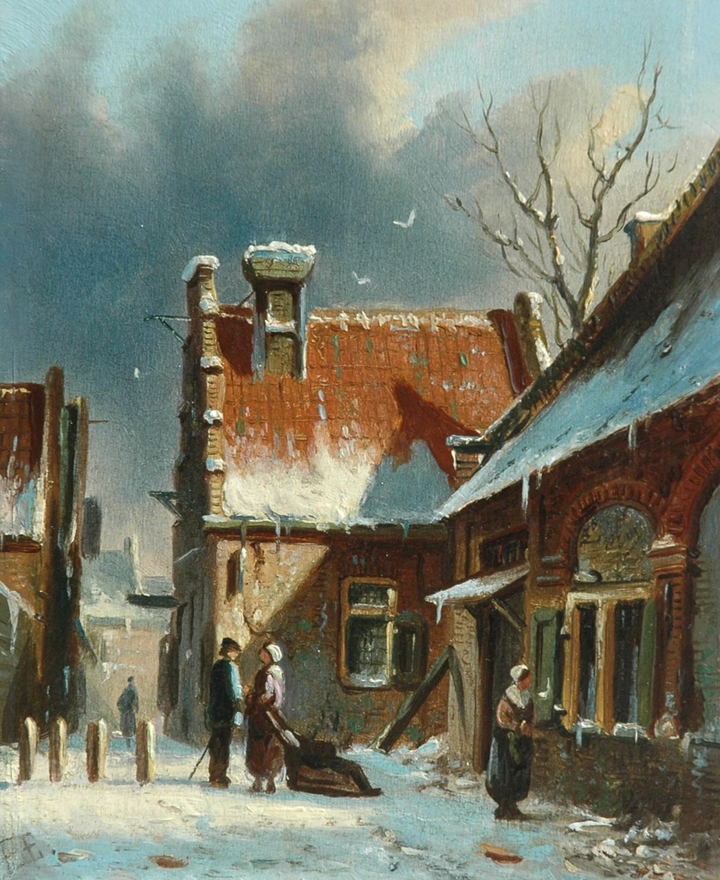 Eversen A.  | Adrianus Eversen, A city's winter view, oil on panel 20.0 x 15.8 cm, signed l.l. with monogram