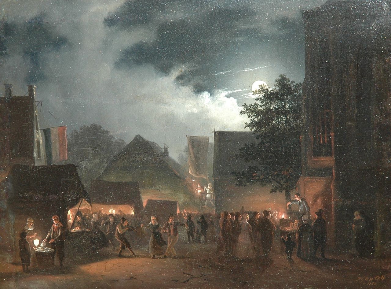 Cate H.G. ten | Hendrik Gerrit ten Cate, Market by moonlight, oil on panel 21.2 x 28.7 cm, signed l.r. and dated 1854
