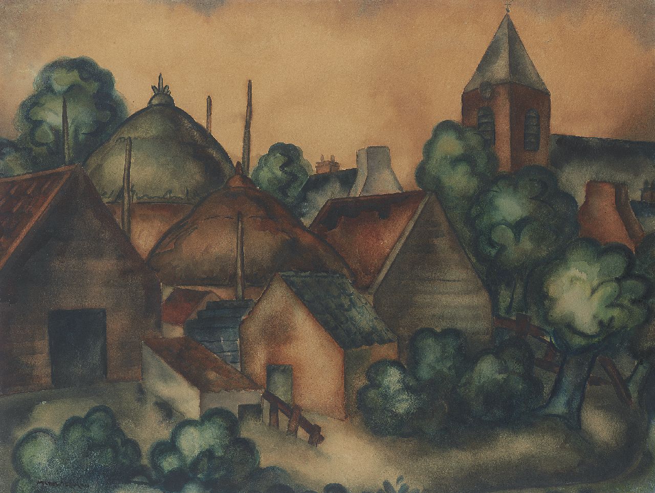 Matthieu Wiegman | A village view, charcoal and watercolour on paper, 68.2 x 90.0 cm, signed l.l.