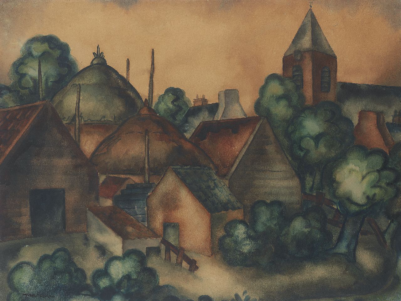 Wiegman M.J.M.  | Mattheus Johannes Marie 'Matthieu' Wiegman | Watercolours and drawings offered for sale | A village view, charcoal and watercolour on paper 68.2 x 90.0 cm, signed l.l.