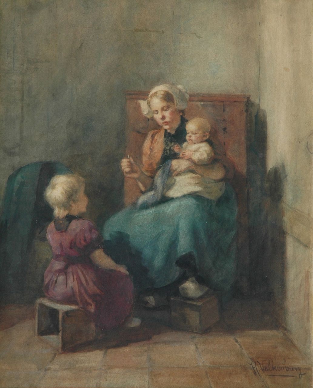 Valkenburg H.  | Hendrik Valkenburg, The young mother, watercolour on paper 50.9 x 41.7 cm, signed l.r.