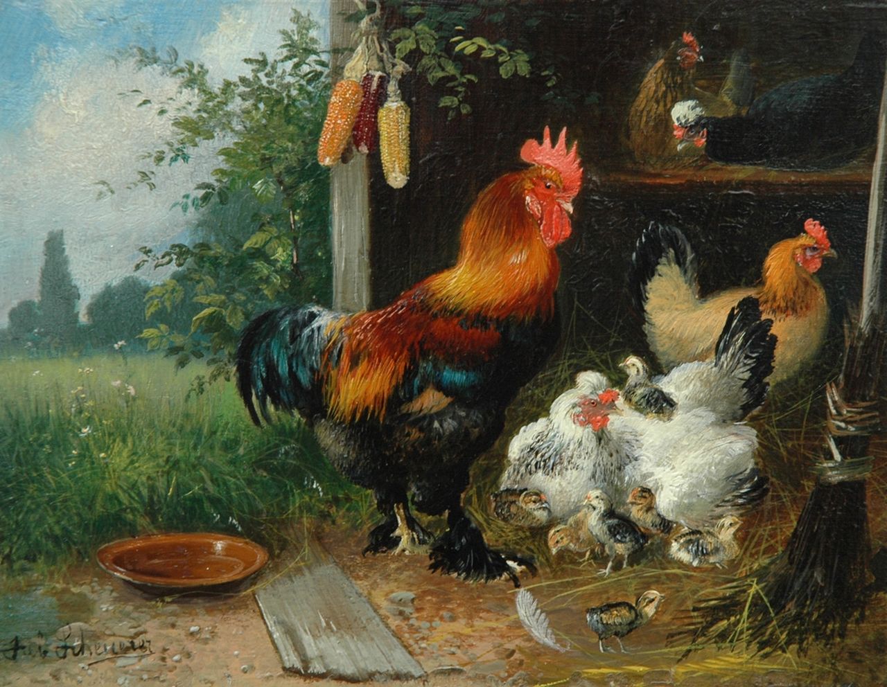 Scheuerer J.  | Julius Scheuerer, The chicken run, oil on paper laid down on panel 14.9 x 18.2 cm, signed l.l.