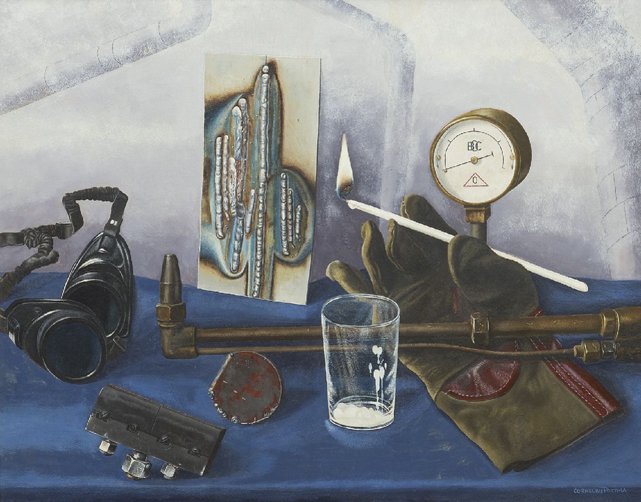 Kor Postma | Still life with welding attributes, oil on paper, 38.0 x 47.9 cm, signed l.r. and painted circa 1956