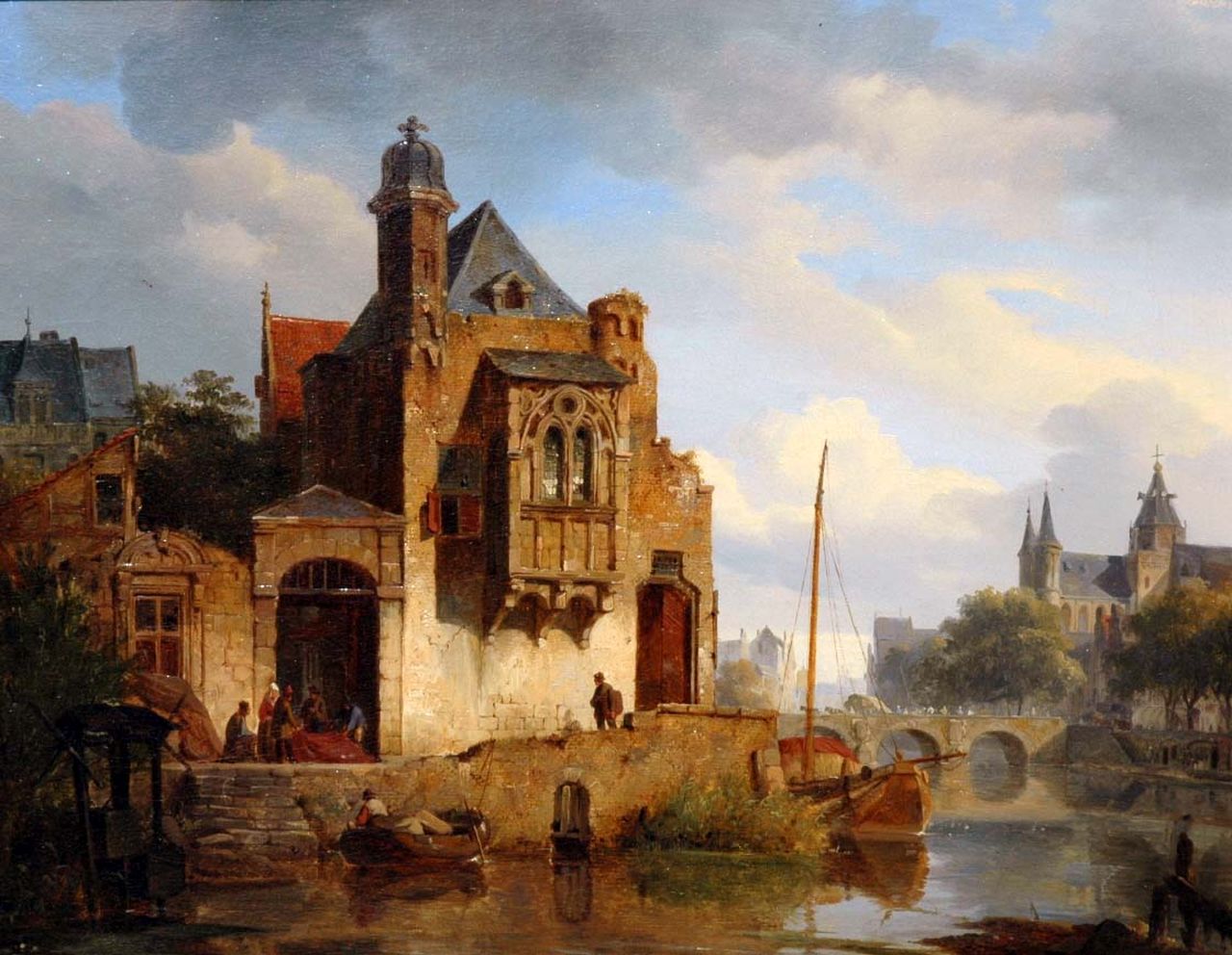 Springer C.  | Cornelis Springer, Activity along a Dutch city canal, oil on canvas 35.8 x 45.7 cm, signed l.r. with monogram and dated '42