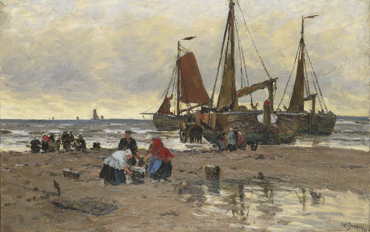 Bartsch W.  | Wilhelm Bartsch, Fisherboats and fishermen on the beach, Katwijk, oil on canvas 62.5 x 96.0 cm, signed l.r.