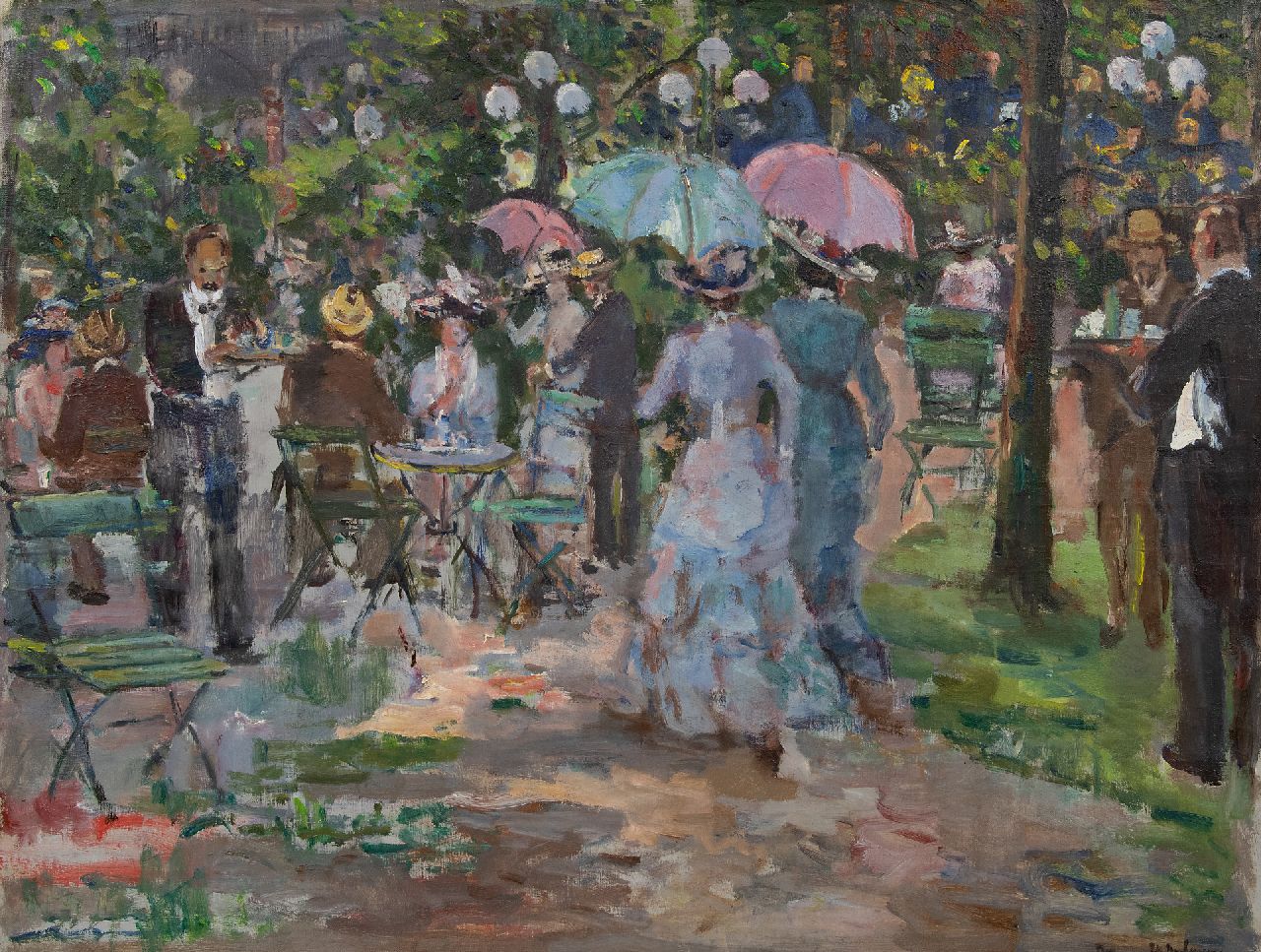 Neuburger E.  | Eliazer 'Elie' Neuburger, A concert in the garden of the Galerij, Amsterdam, 6 March 1910, oil on canvas 64.9 x 85.0 cm, signed l.r. and pained ca. 1910