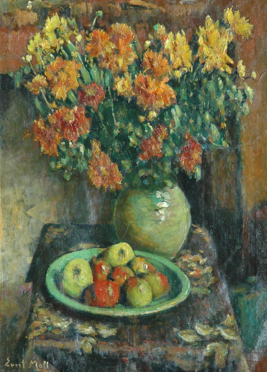 Moll E.  | Evert Moll, Still life with flowers and fruit, oil on canvas 80.0 x 60.0 cm, signed l.l.