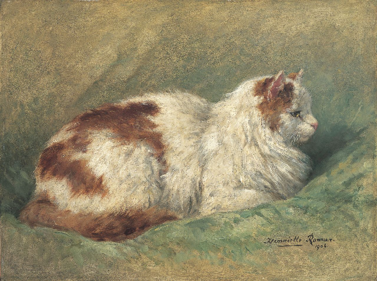 Ronner-Knip H.  | Henriette Ronner-Knip, A cat resting on a pillow, oil on panel 34.8 x 46.0 cm, signed l.r. and dated 1904