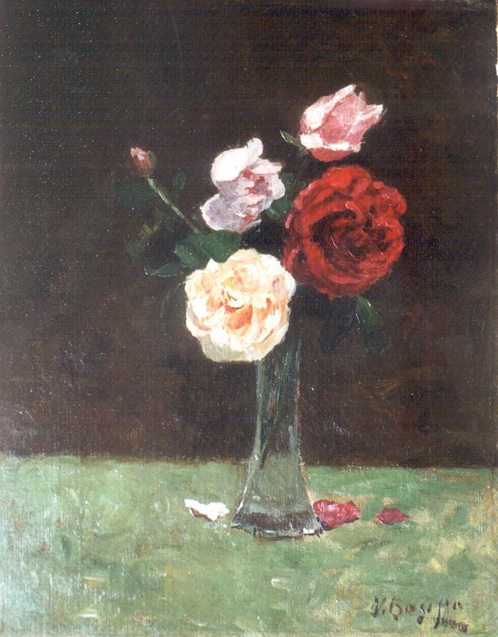 Bauffe V.  | Victor Bauffe, Roses in a glass vase, oil on canvas 38.3 x 30.3 cm, signed l.r.