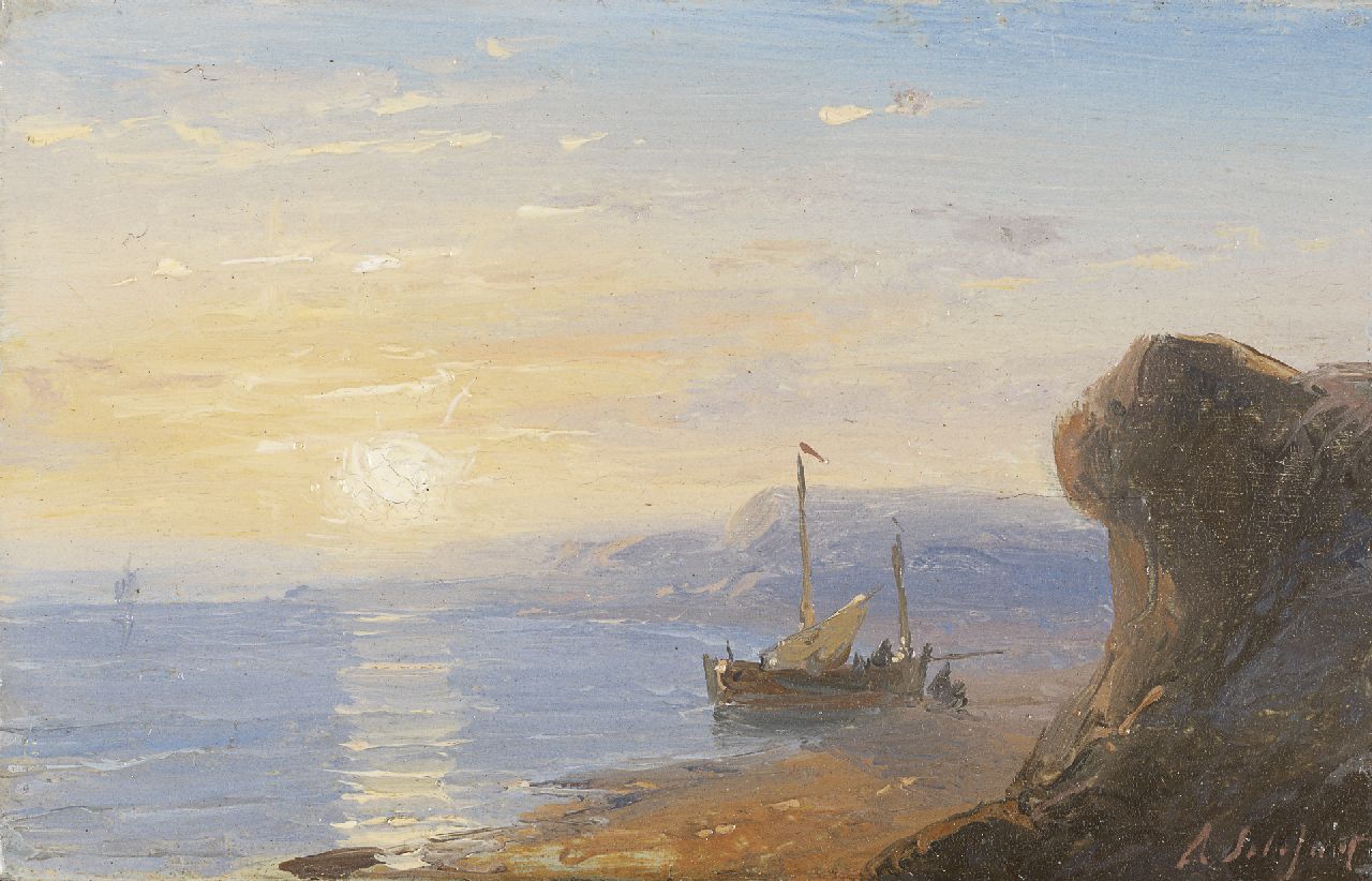 Schelfhout A.  | Andreas Schelfhout, The Normandy coast at sunset, oil on copper 5.8 x 9.1 cm, signed l.r. and painted between 1845-1849