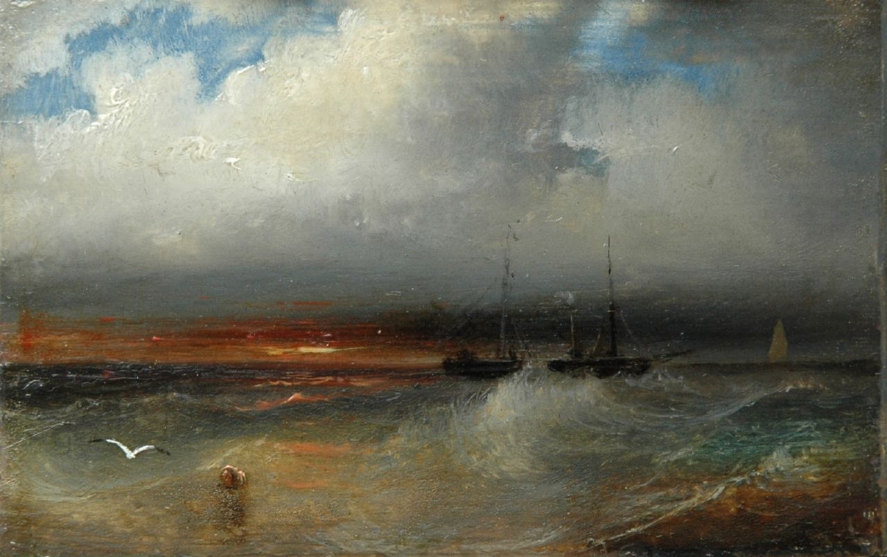 Schelfhout A.  | Andreas Schelfhout, Sunset at sea, oil on copper 6.2 x 9.4 cm, signed on the reverse and painted between 1845-1849