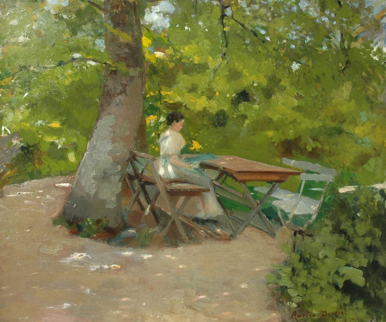 Amédée Degreef | A young woman reading in the garden, oil on canvas, 50.4 x 60.2 cm, signed l.r. and dated 1919